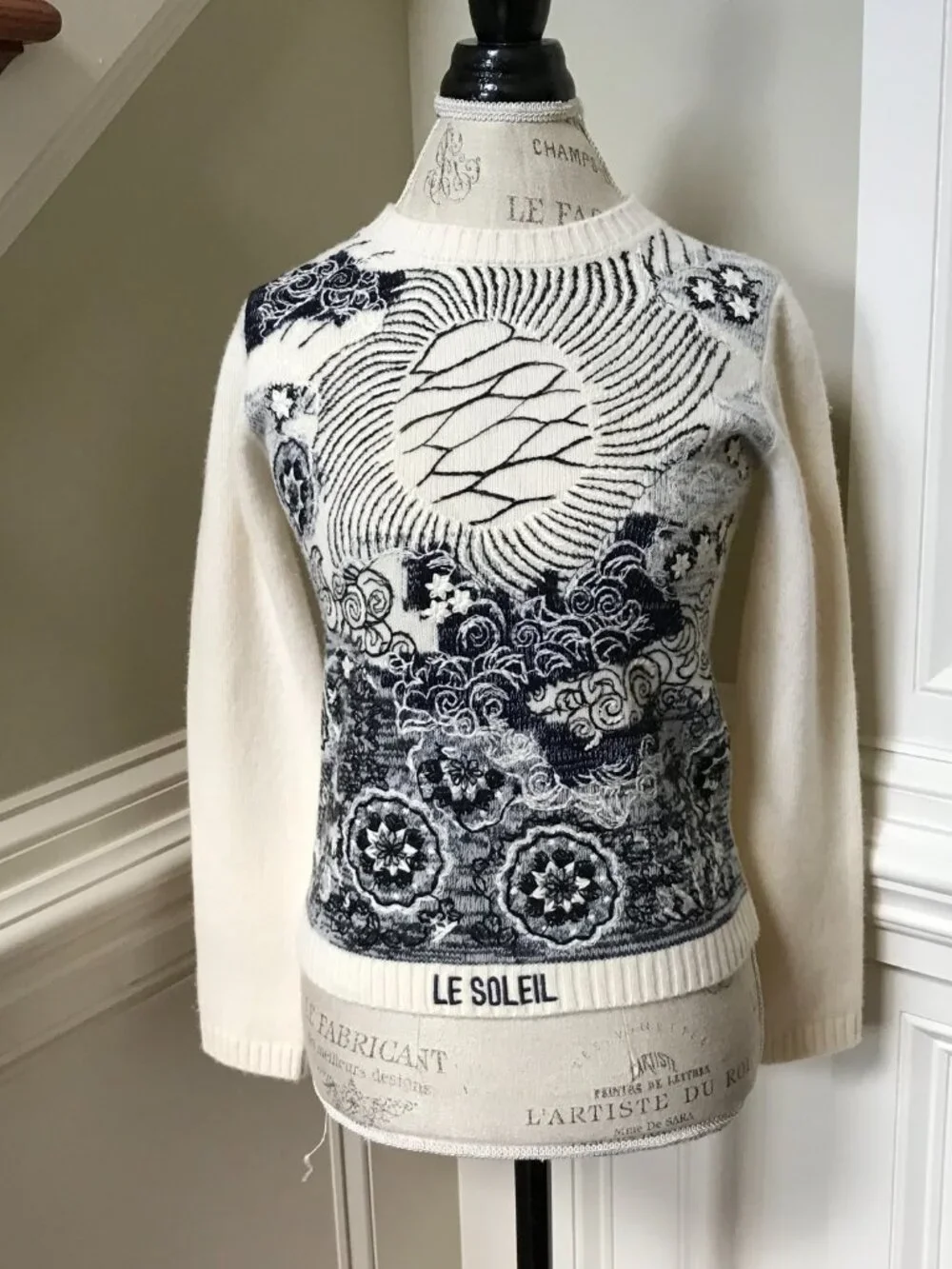 Christian Dior Le Soleil 2020 Sweater Womens 4 40 Cream Black Cashmere Crew Neck
